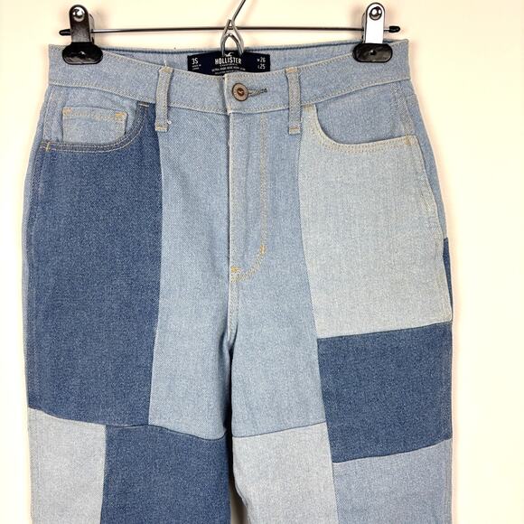Hollister ultra high-rise mom jeans 3 Short Patchwork Denim raw hem 26 x 25 - Picture 2 of 7
